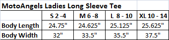 MotoAngels Ladies Long Sleeve Tee size chart