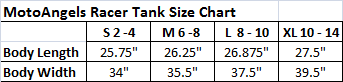 MotoAngels Racer Tank size chart